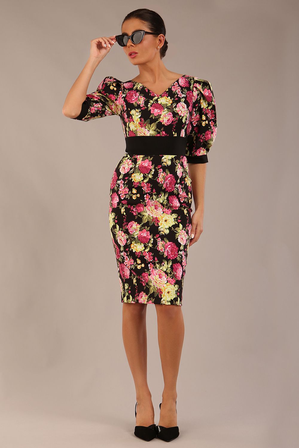 Somerset Floral with Puff Sleeves & Black Waistband Pencil Dress 
