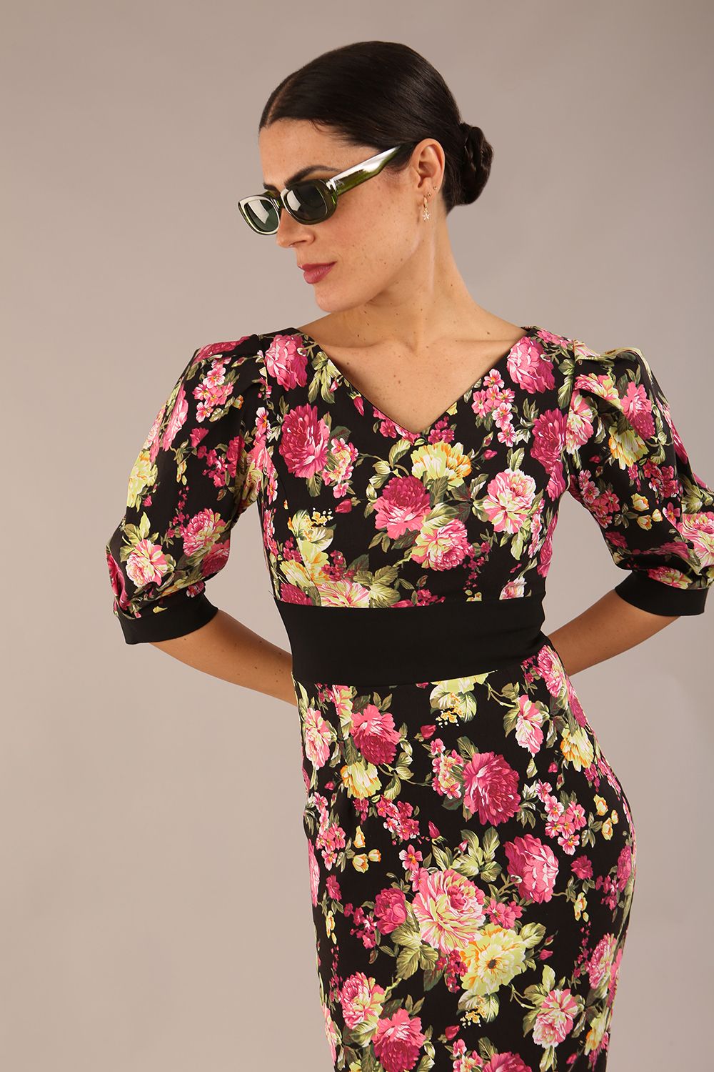 Somerset Floral with Puff Sleeves & Black Waistband Pencil Dress 
