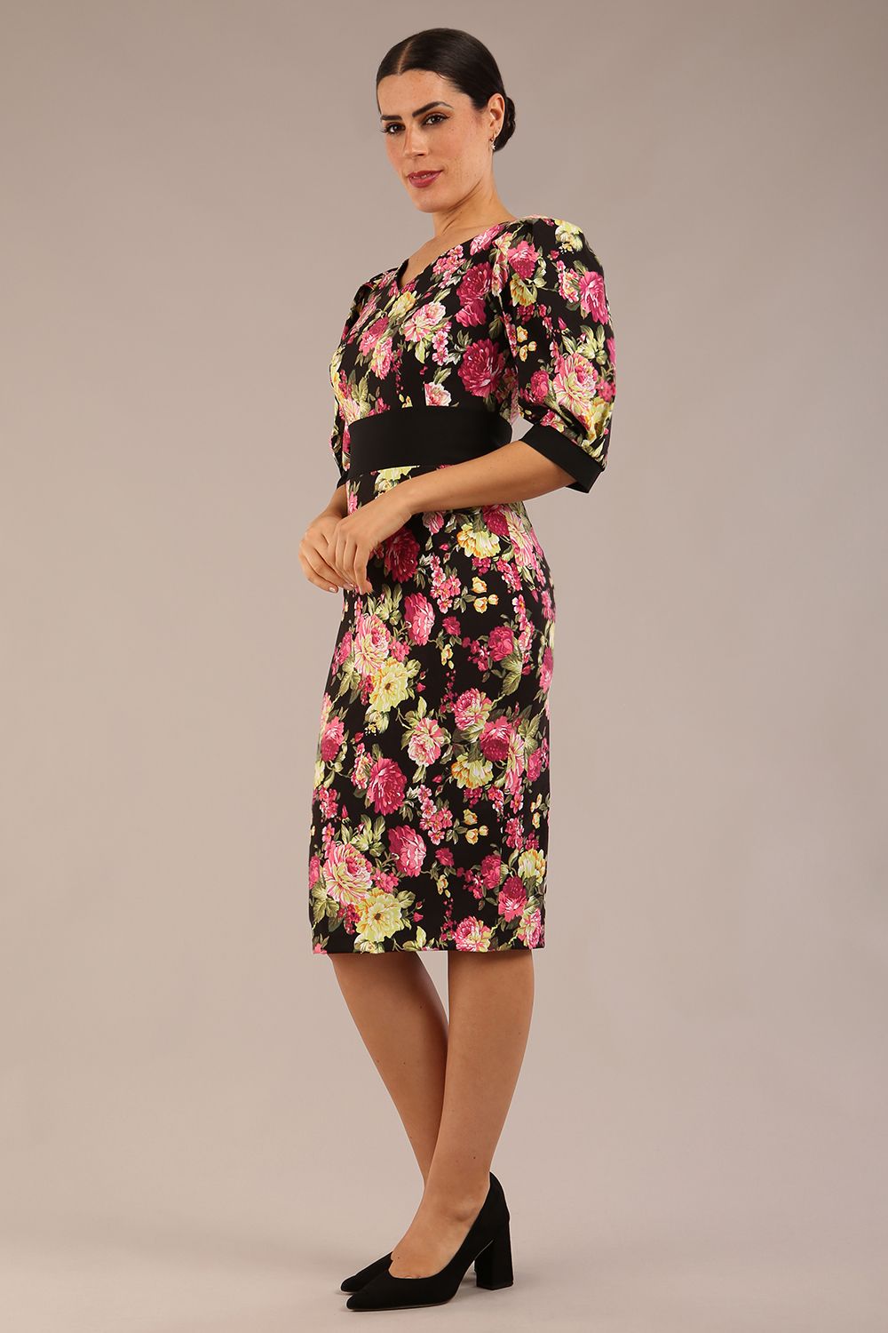 Somerset Floral with Puff Sleeves & Black Waistband Pencil Dress 