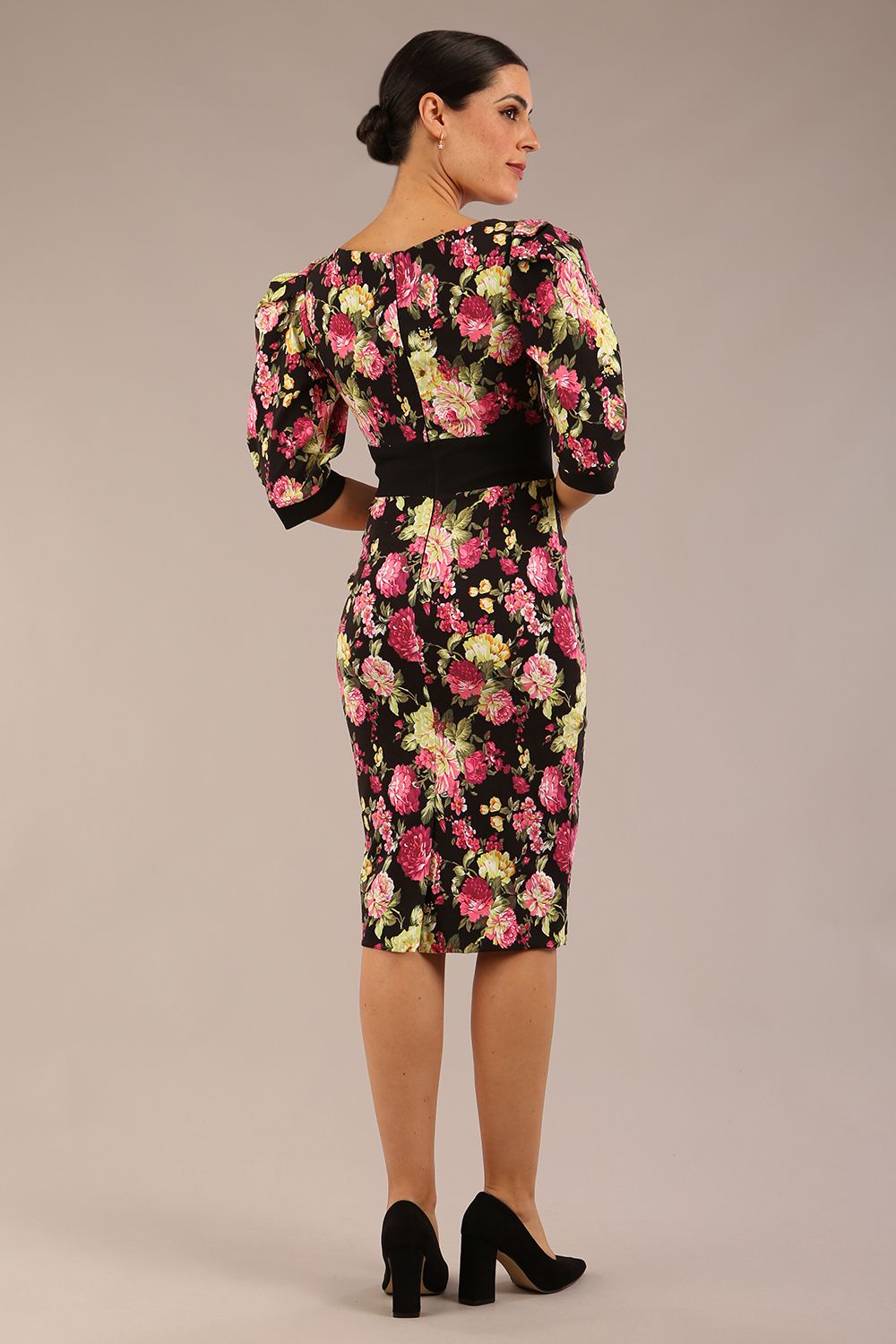 Somerset Floral with Puff Sleeves & Black Waistband Pencil Dress 