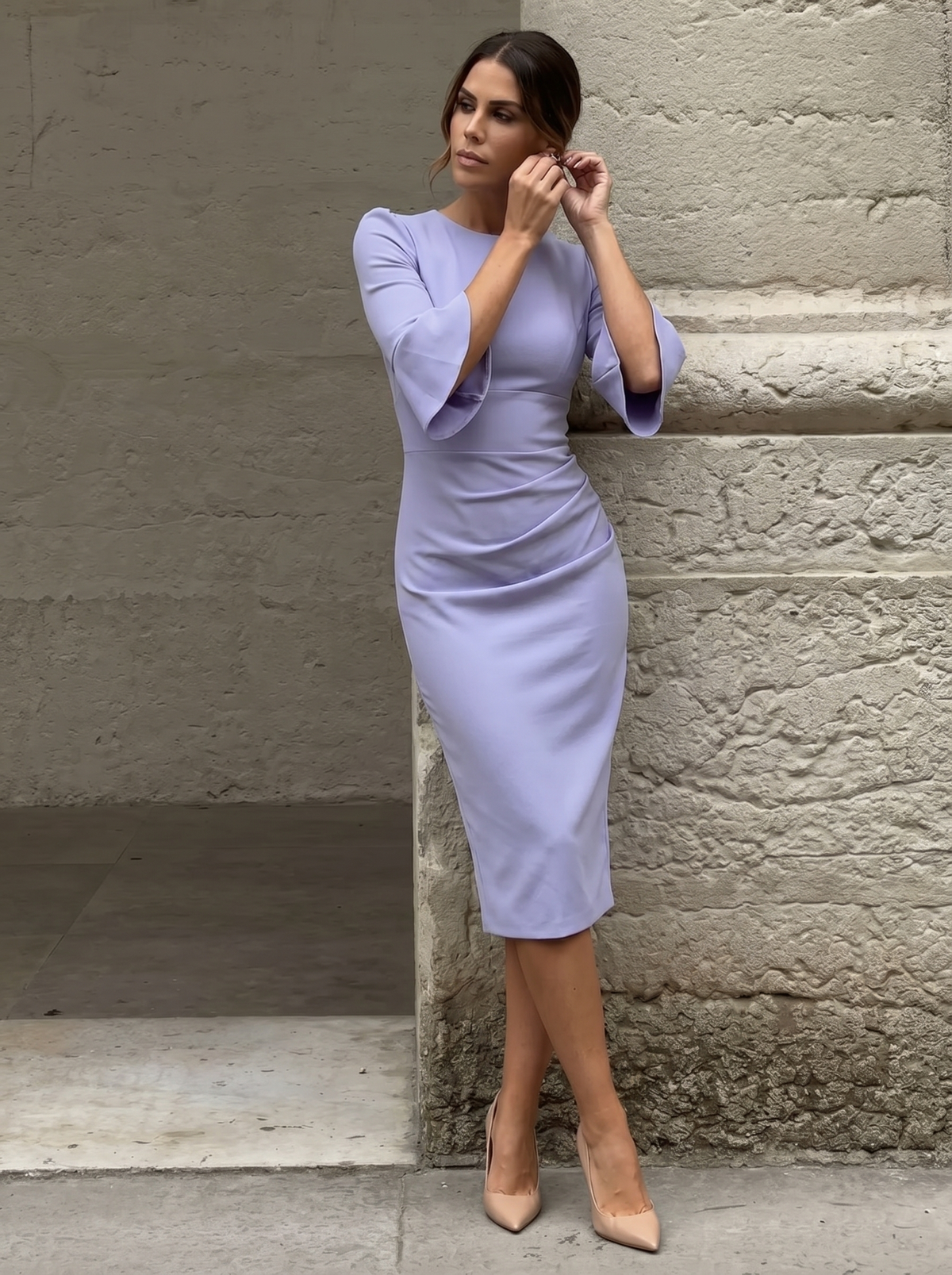Santorini 3/4 Length Bell Sleeve Midi Pencil Dress