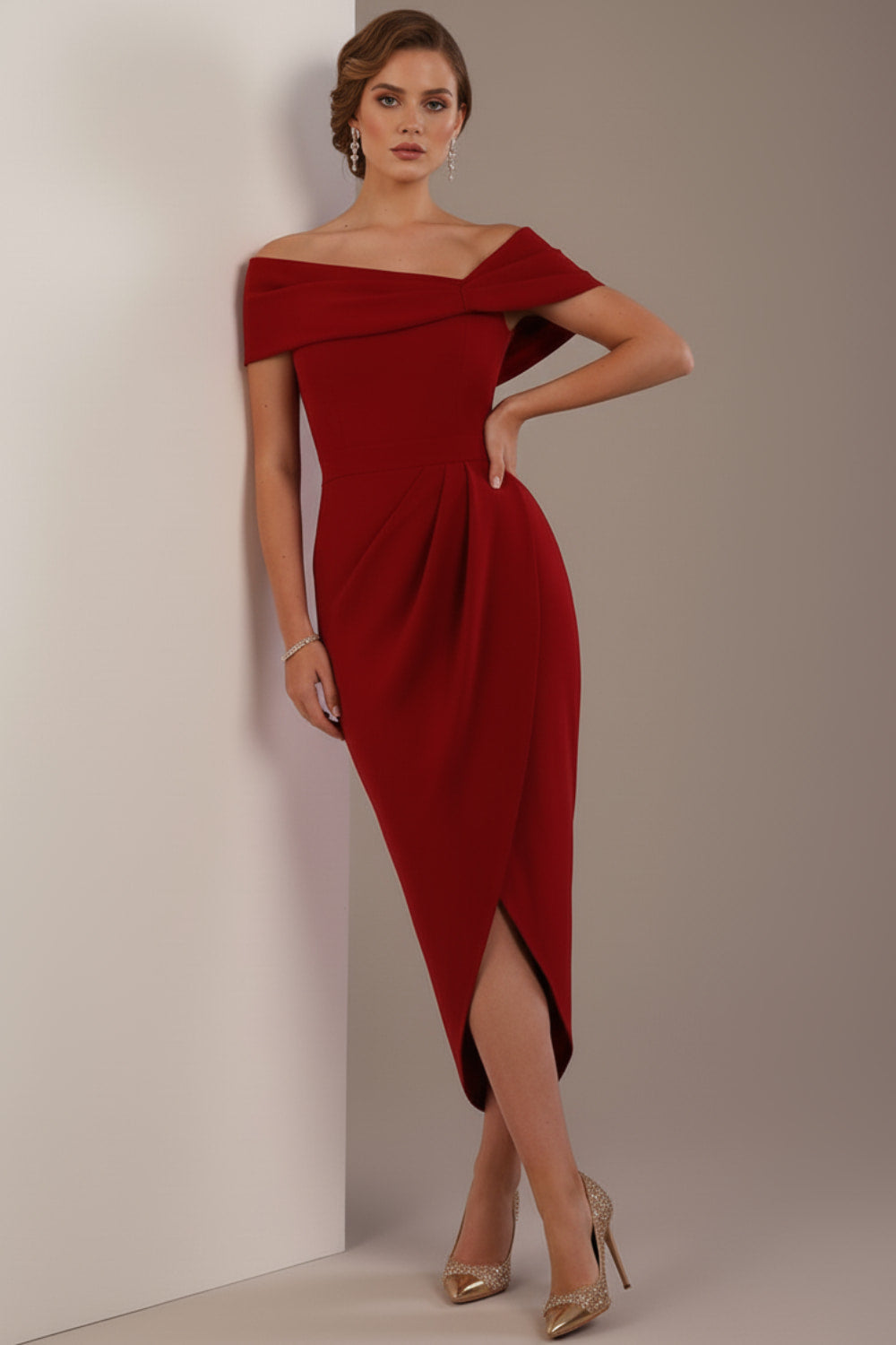 model wearing diva catwalk vegas calf length rosewood red midaxi dress with wide bardot neckline and open shoulders with a large opening at the front of the skirt with pleating coming down long skirt front (Rosewood Red)