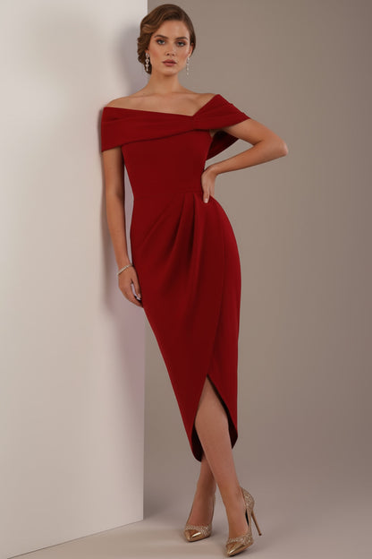 model wearing diva catwalk vegas calf length rosewood red midaxi dress with wide bardot neckline and open shoulders with a large opening at the front of the skirt with pleating coming down long skirt front (Rosewood Red)