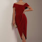 model wearing diva catwalk vegas calf length rosewood red midaxi dress with wide bardot neckline and open shoulders with a large opening at the front of the skirt with pleating coming down long skirt front (Rosewood Red)