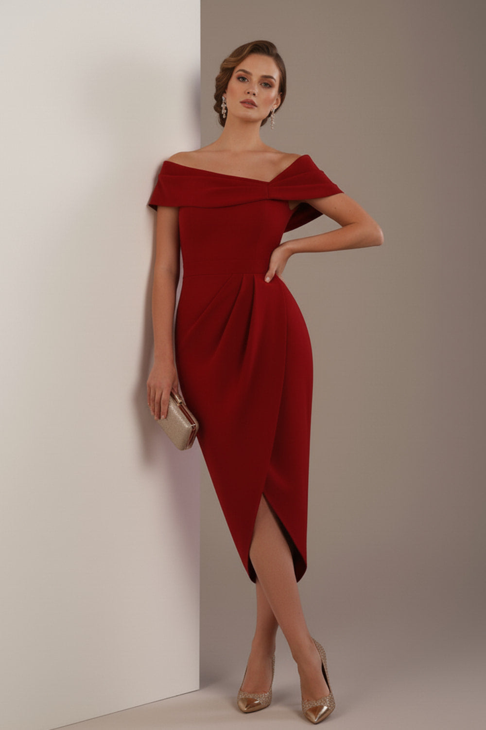 model wearing diva catwalk vegas calf length rosewood red midaxi dress with wide bardot neckline and open shoulders with a large opening at the front of the skirt with pleating coming down long skirt front (Rosewood Red)