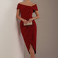 model wearing diva catwalk vegas calf length rosewood red midaxi dress with wide bardot neckline and open shoulders with a large opening at the front of the skirt with pleating coming down long skirt front (Rosewood Red)