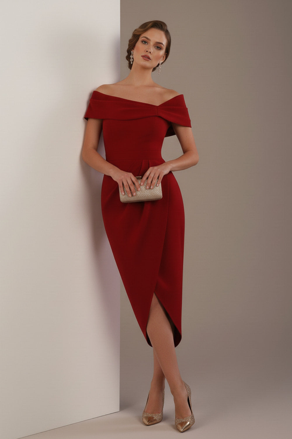 model wearing diva catwalk vegas calf length rosewood red midaxi dress with wide bardot neckline and open shoulders with a large opening at the front of the skirt with pleating coming down long skirt front (Rosewood Red)
