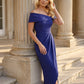 model wearing diva catwalk vegas calf length spectrum indigo midaxi dress with wide bardot neckline and open shoulders with a large opening at the front of the skirt with pleating coming down long skirt front (Spectrum Indigo)