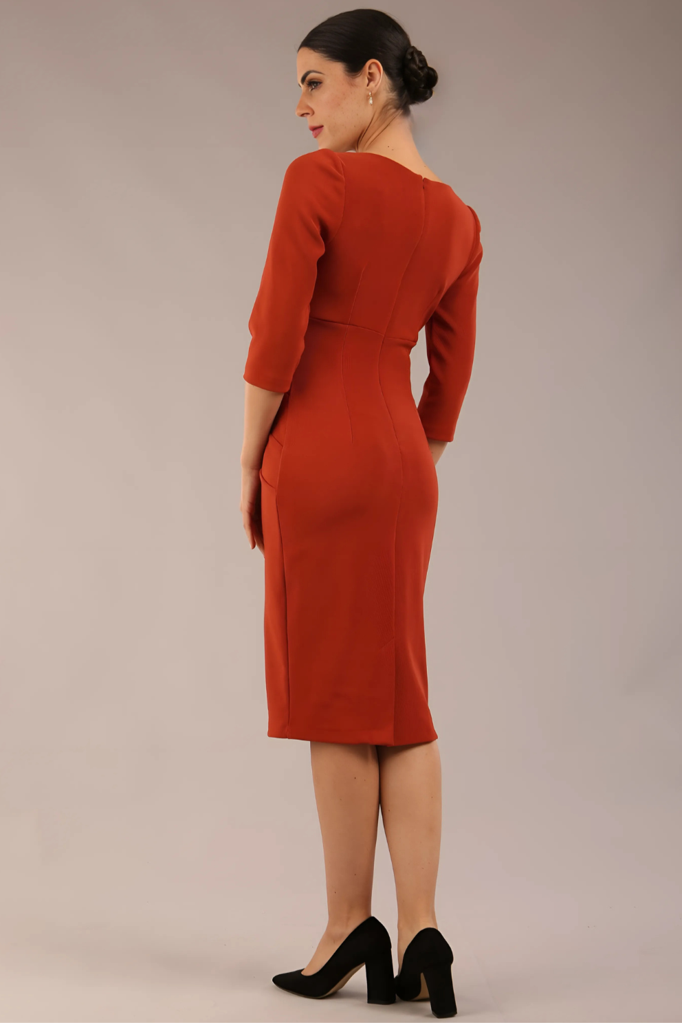diva_catwalk_Tara_pencil_dress_v_neckline_terracotta brown