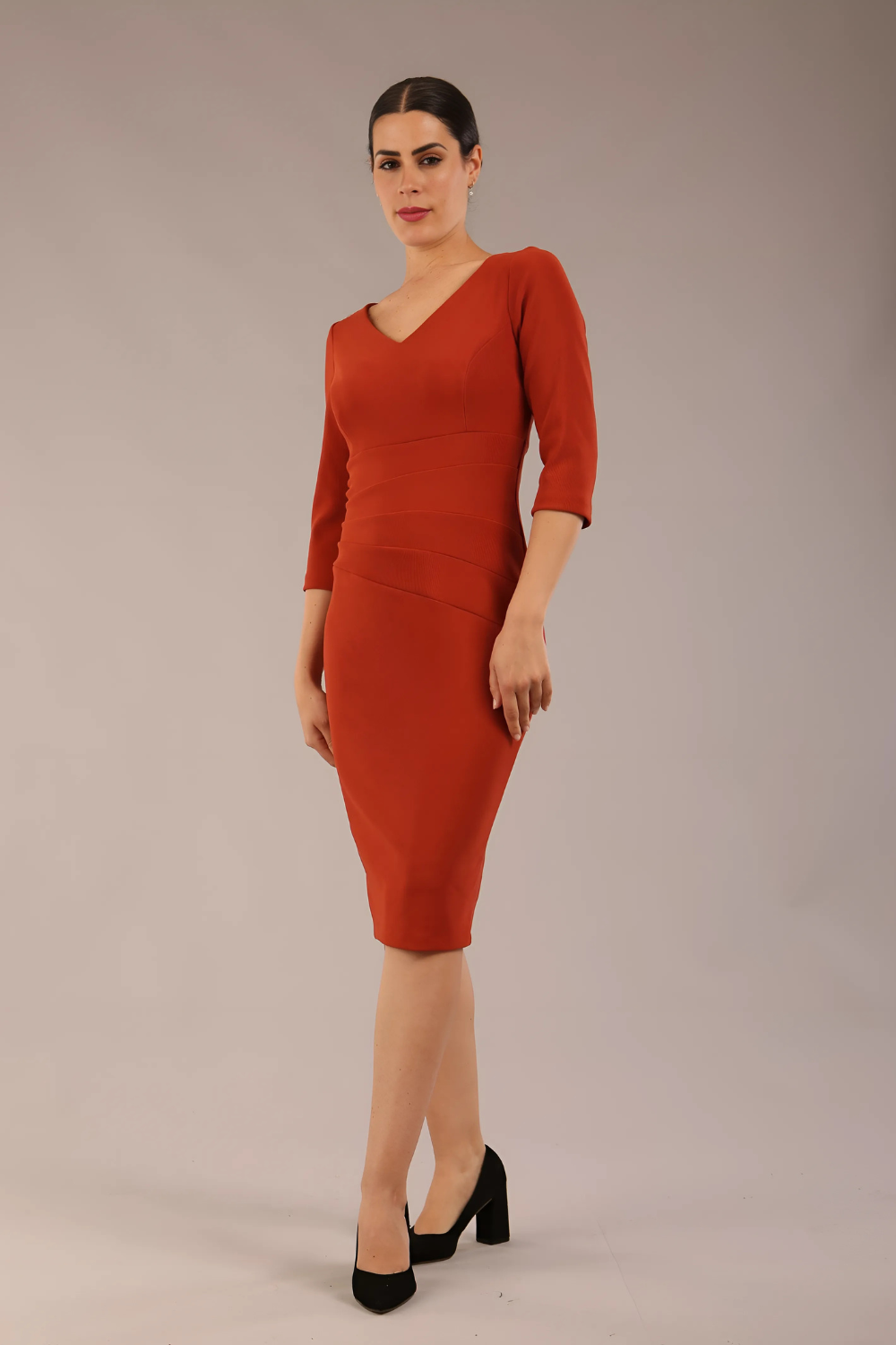 diva_catwalk_Tara_pencil_dress_v_neckline_terracotta brown front