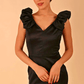 model is wearing a diva catwalk Prudence Satin Pencil Dress sleeveless and knee length with front vent in black colour 