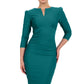model is wearing diva catwalk seed fitzrovia sleeved pencil dress in harbour green front