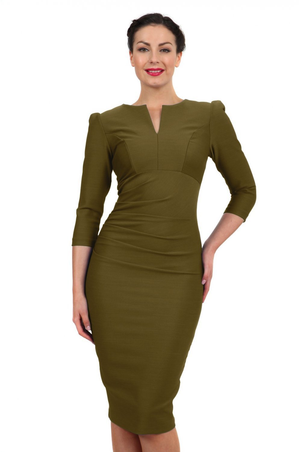 model is wearing diva catwalk seed fitzrovia sleeved pencil dress in olive green front