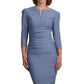 model is wearing diva catwalk seed fitzrovia sleeved pencil dress in steel blue front