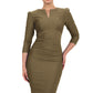 model is wearing diva catwalk seed fitzrovia sleeved pencil dress in taupe brown front