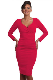 Model wearing the Diva Cynthia Pencil dress with pleating across the front in honeysuckle pink front image