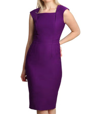 model is wearing diva catwalk seed cadiz pencil sleeveless dress in royal purple  front