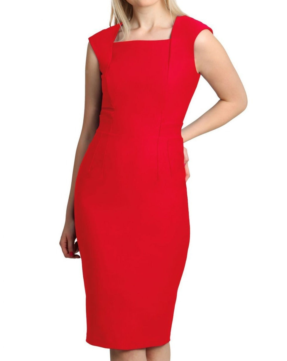 model is wearing diva catwalk seed cadiz pencil sleeveless dress in salsa red front