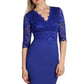 Model wearing the Diva Ivana Lace dress in pencil dress design in riviera blue front image
