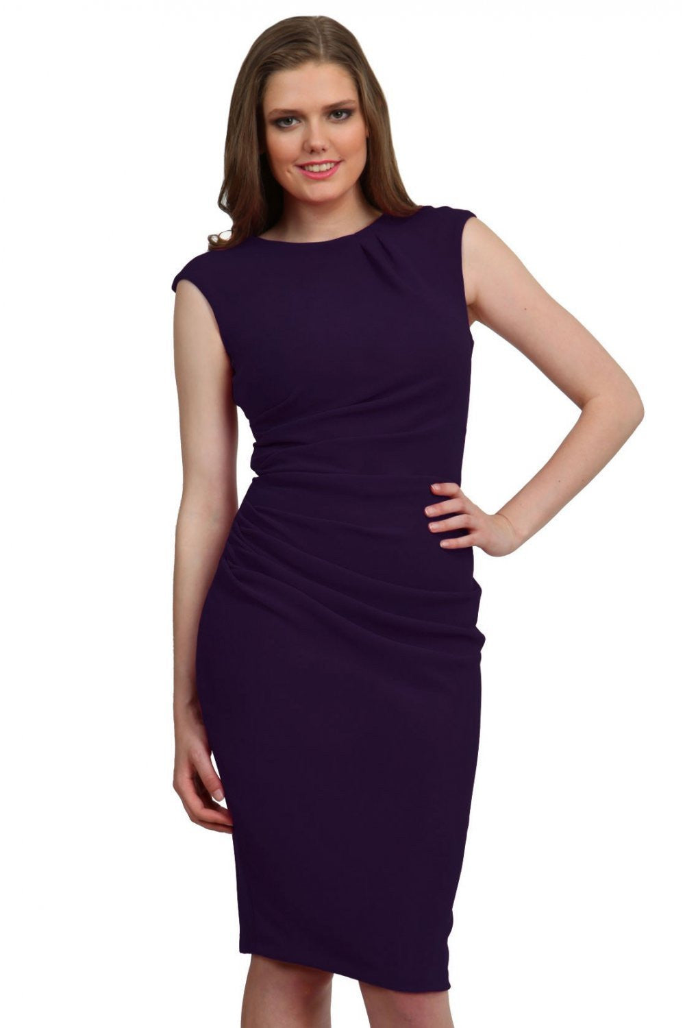 Model wearing the Diva Carla Pencil dress in ribbed super stretch fabric in crown jewel front image
