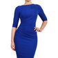 Model wearing the Diva Carlotta Pencil dress with pleat detail at the neckline and across the front in cobalt blue front image