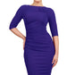 Model wearing the Diva Carlotta Pencil dress with pleat detail at the neckline and across the front in indigo blue front image