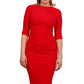 Model wearing the Diva Carlotta Pencil dress with pleat detail at the neckline and across the front in true red front image
