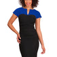 Model wearing the Diva Bryony Contrast dress with contrasting top and exposed zip at the back in black and cobalt blue front image