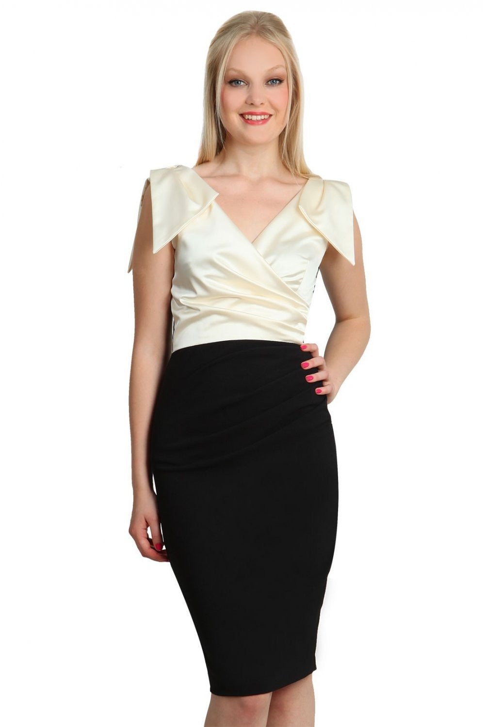 Model wearing the Diva Broadway Satin dress with satin bodice to front and pleating at the front in black and gardenia cream front image