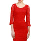 Model wearing the Diva Beatrice lace dress with round neck and pleated cuff in red lace front image