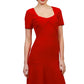 model is wearing diva catwalk madison a-line dress with square neckline and short sleeve in scarlet red front