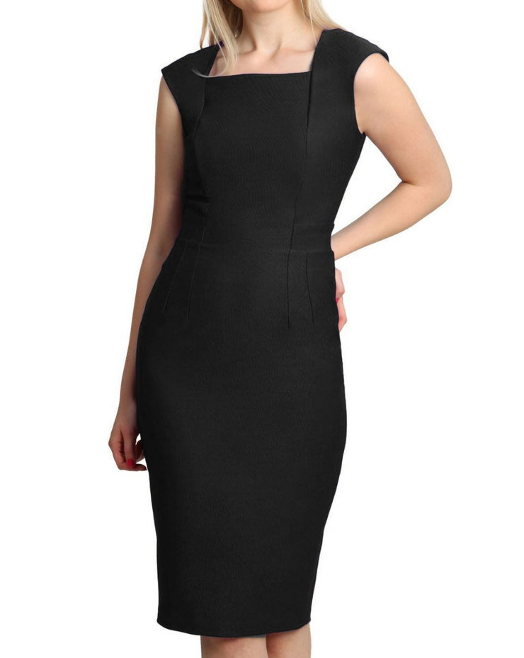model is wearing diva catwalk seed cadiz pencil sleeveless dress in black front