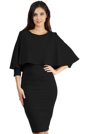 model wearing diva catwalk lizanne pencil-skirt dress with an attached wide cape detail and 3 4 sleeves in colour black front