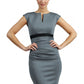 blonde model is wearing dive catwalk nadia sleeveless contrast band pencil-skirt dress with rounded neckline with a slit in the middle in blue front