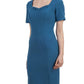 model wearing diva catwalk mitzi short sleeve pencil dress with square frilled neckline in tropic teal  front 
