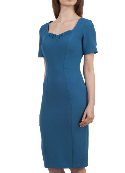 model wearing diva catwalk mitzi short sleeve pencil dress with square frilled neckline in tropic teal  front 