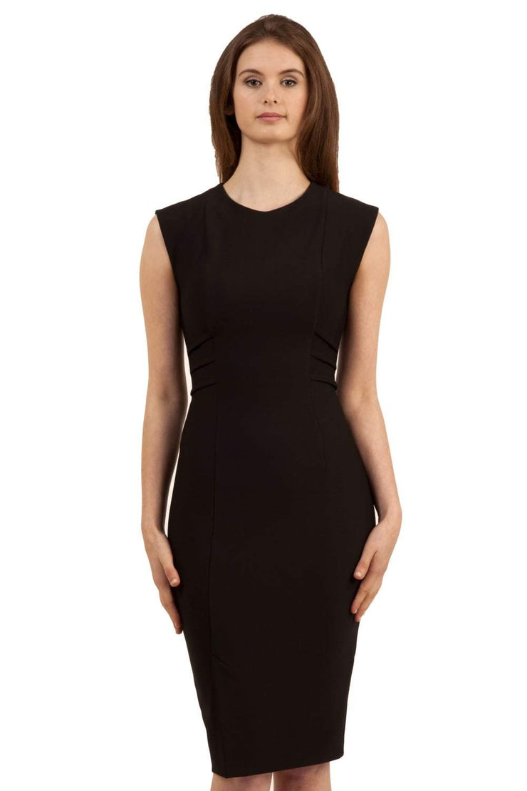model is wearing diva catwalk octavia sleeveless pencil dress in black front 