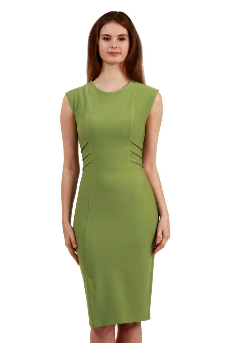model is wearing diva catwalk octavia sleeveless pencil dress in aspen green front 
