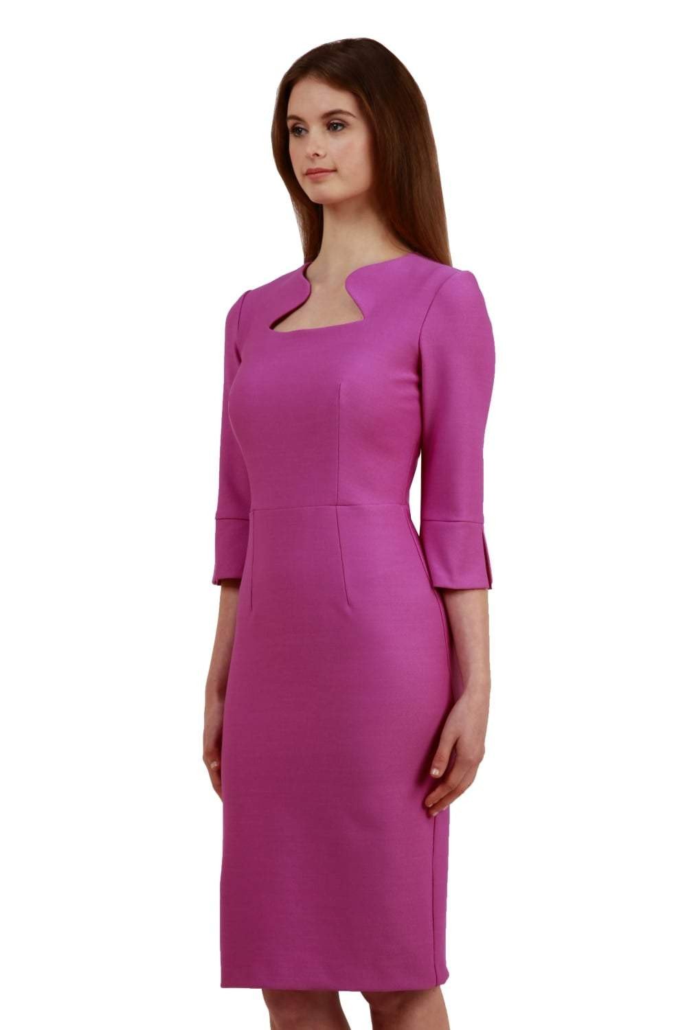 Brunette model is wearing couture stretch seed pencil bell 3/4 sleeve pencil dress by diva catwalk in Magenta Mist front image