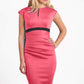 blonde model is wearing dive catwalk nadia sleeveless contrast band pencil-skirt dress with rounded neckline with a slit in the middle in calypso coral front