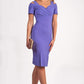 brunette model wearing diva catwalk amorette pencil skirt dress with a cold shoulder detaul and pleating across the bust and slit on a side of skirt in fusion indigo front