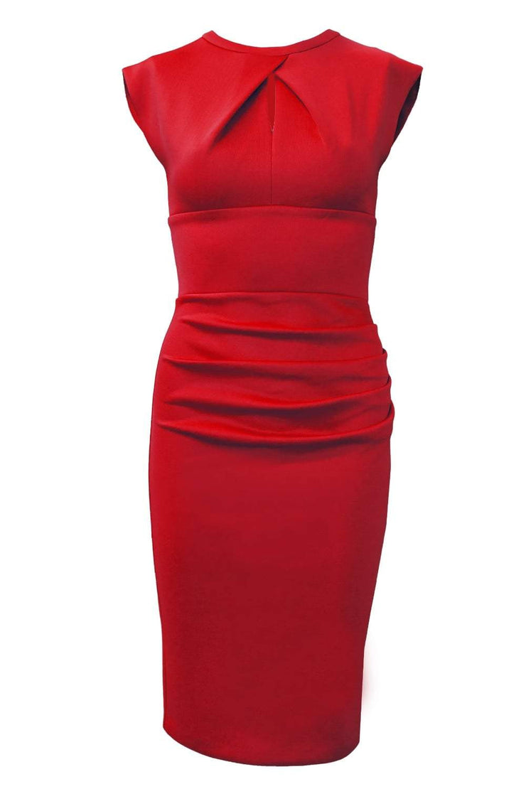 Model wearing the Diva Kimberley dress in pencil dress design in aurora red front image