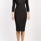 model is wearing diva catwalk kelso sleeved pencil dress with shoulder cut out and rounded high neck in black front