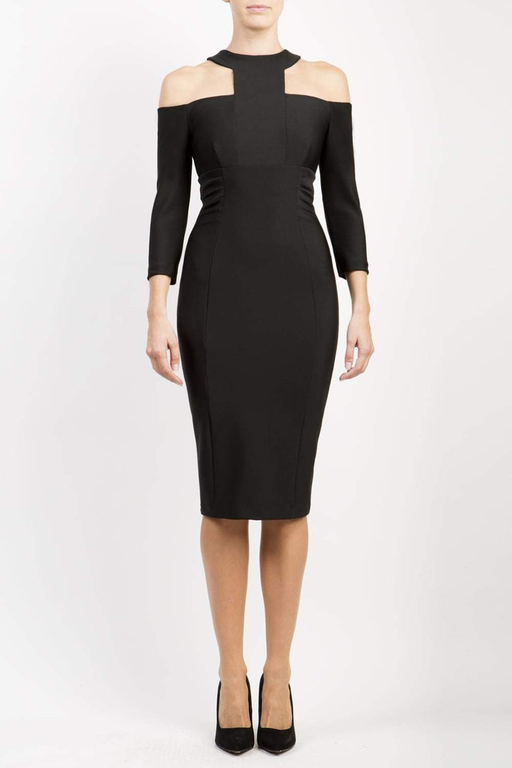 model is wearing diva catwalk kelso sleeved pencil dress with shoulder cut out and rounded high neck in black front