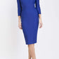 model is wearing diva catwalk kelso sleeved pencil dress with shoulder cut out and rounded high neck in cobalt blue front
