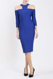 model is wearing diva catwalk kelso sleeved pencil dress with shoulder cut out and rounded high neck in cobalt blue front