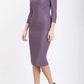 model is wearing diva catwalk kelso sleeved pencil dress with shoulder cut out and rounded high neck in mauve front