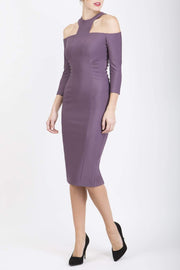model is wearing diva catwalk kelso sleeved pencil dress with shoulder cut out and rounded high neck in mauve front