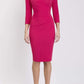 Model wearing the Diva Chelsea Pencil dress with V neckline and three-quarter sleeves in honeysuckle pink front image