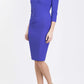 Model wearing the Diva Chelsea Pencil dress with V neckline and three-quarter sleeves in spectrum indigo front image